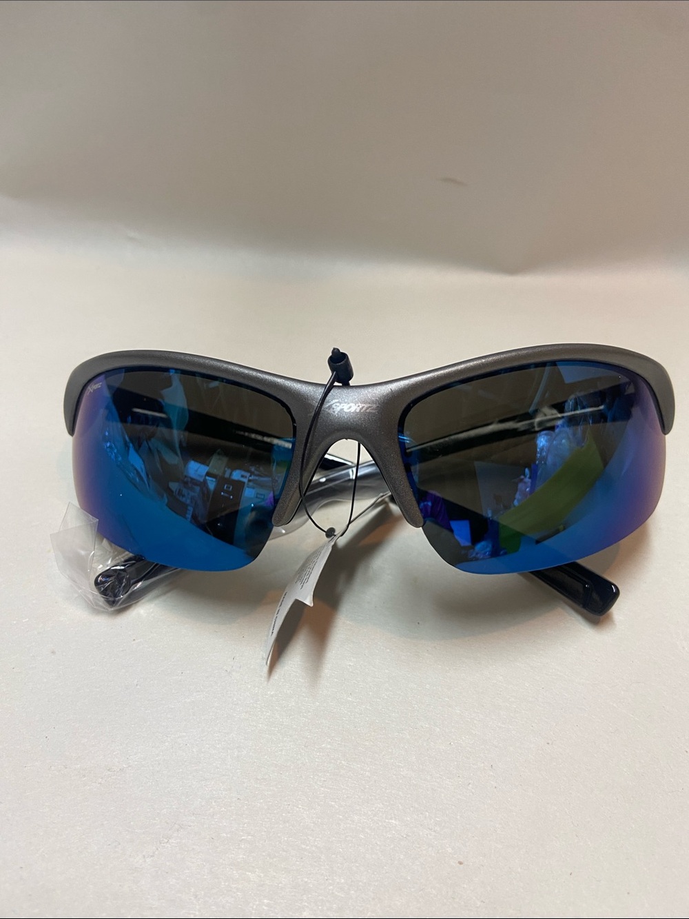 Sporto Men's Blue Mirrored Wrap Sunglasses grey semi rimmed frames